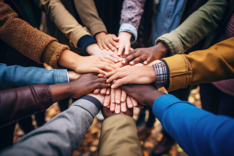 Group of people joining hands together in a circle supporting each other